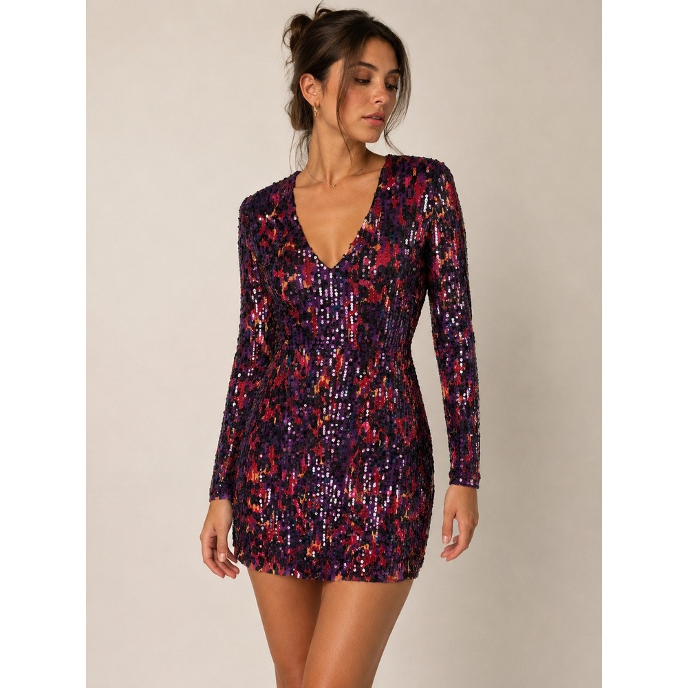 French Connection Sequin Mini Dress Womens 4 Purple Red Party Glam Disco Sparkly